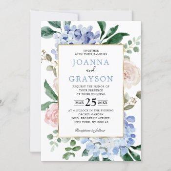 Small Dusty Blue Hydrangeas Pastel Pink Roses Wedding Front View