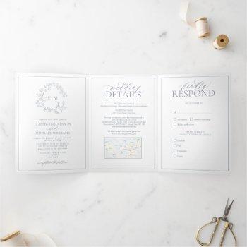 dusty blue leafy crest monogram wedding tri-fold invitation