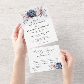 dusty blue mauve rose pink slate floral wedding  all in one invitation
