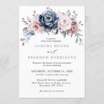 dusty blue mauve rose pink slate floral wedding invitation