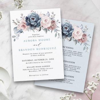 dusty blue mauve rose pink slate floral wedding invitation