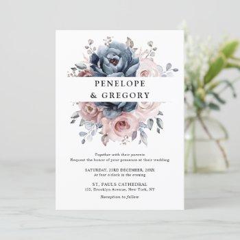 dusty blue mauve rose pink slate floral wedding  invitation