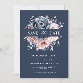 Small Dusty Blue Mauve Rose Pink Slate Floral Wedding S Save The Date Front View