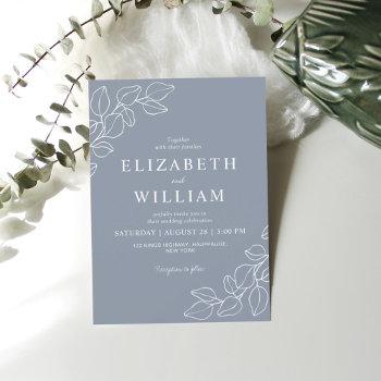dusty blue minimalist botanical wedding  invitation