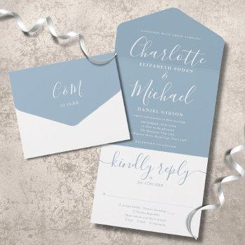dusty blue modern script minimalist wedding all in one invitation