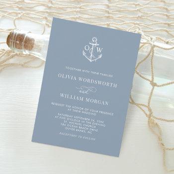 dusty blue nautical monogram anchor wedding invitation