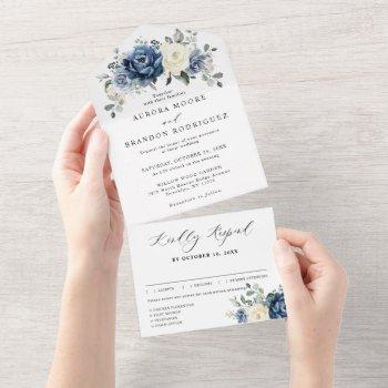 dusty blue navy champagne ivory floral wedding all in one invitation