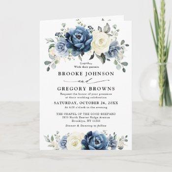dusty blue navy champagne ivory floral wedding invitation
