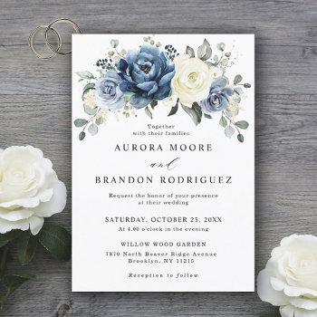 dusty blue navy champagne ivory floral wedding invitation