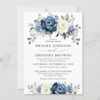 dusty blue navy champagne ivory floral wedding  invitation