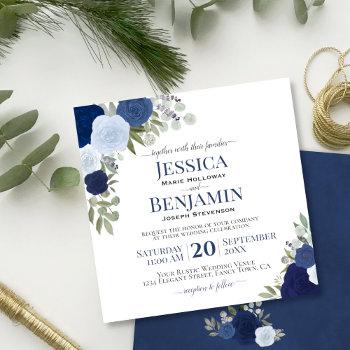 dusty blue & navy watercolor roses elegant wedding invitation