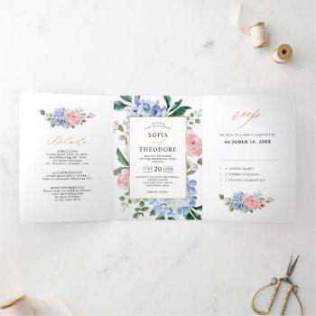 dusty blue pastel pink hydrangeas wedding tri-fold announcement