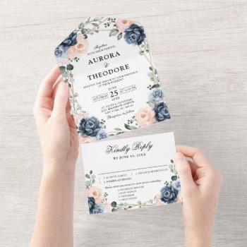 dusty blue peach blush geometric floral wedding al all in one invitation