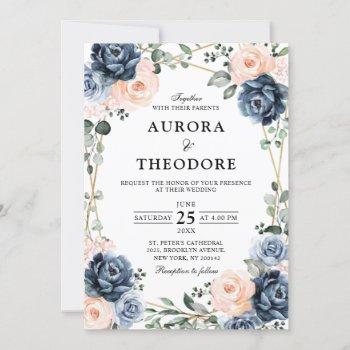 dusty blue peach blush geometric floral wedding in invitation