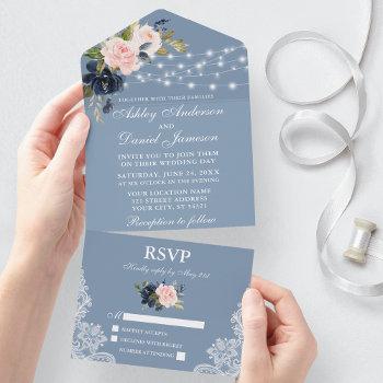 dusty blue pink floral lace lights wedding all in one invitation