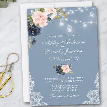dusty blue pink floral lace lights wedding invitation