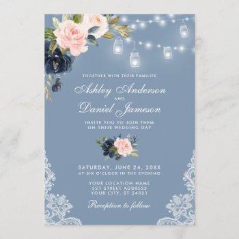 dusty blue pink floral lace lights wedding invitation