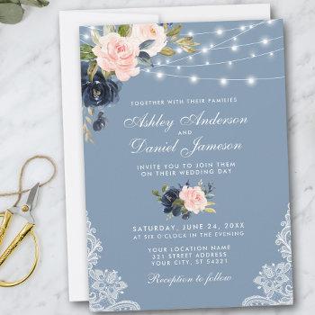 dusty blue pink floral string lights lace wedding invitation