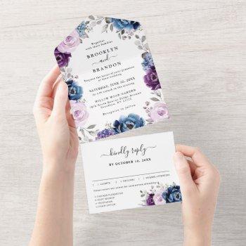 dusty blue purple navy lilac blooms wedding all in all in one invitation