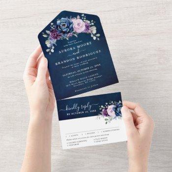 dusty blue purple navy lilac blooms wedding all in all in one invitation