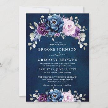 dusty blue purple navy lilac blooms wedding invita invitation
