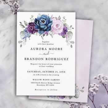 dusty blue purple navy lilac blooms wedding invitation