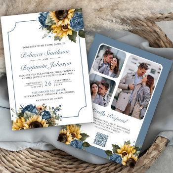 dusty blue roses sunflowers photo qr code wedding invitation