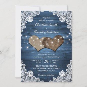 dusty blue rustic wood burlap lace lights wedding invitation