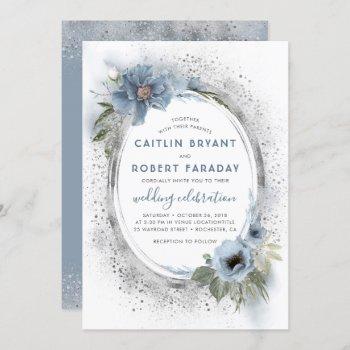 Small Dusty Blue & Silver Glitter Floral Rustic Wedding Front View