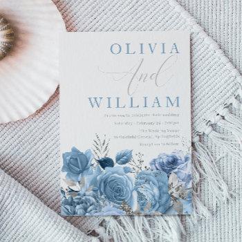 dusty blue sky-blue floral wedding  invitation