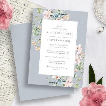dusty blue spring watercolor floral dusty wedding  invitation