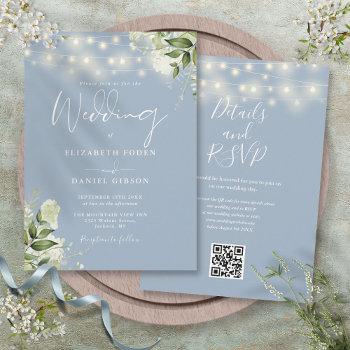 dusty blue string lights floral qr code wedding invitation