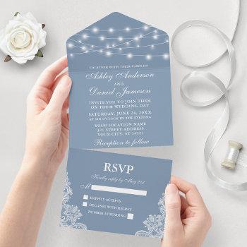 dusty blue string lights lace wedding all in one invitation
