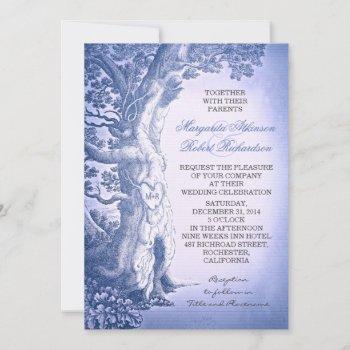 dusty blue vintage rustic love tree wedding invitation