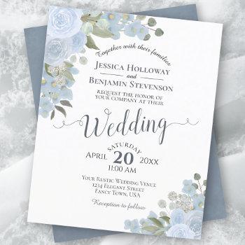 Small Dusty Blue Watercolor Floral Budget Wedding Invite Front View