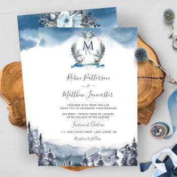 dusty blue watercolor mountains and crest, wedding invitation