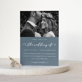 Small Dusty Blue Wedding Calligraphy And Photo Front View