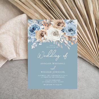 dusty blue white bohemian floral modern wedding invitation