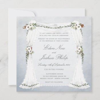 dusty blue white chuppah wedding invitation