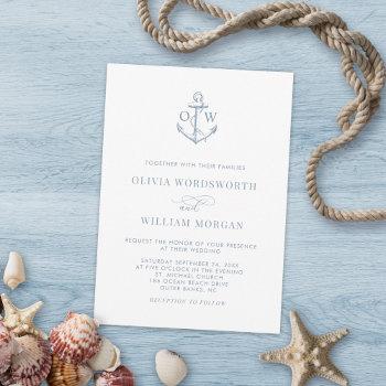 dusty blue white nautical anchor monogram wedding  invitation
