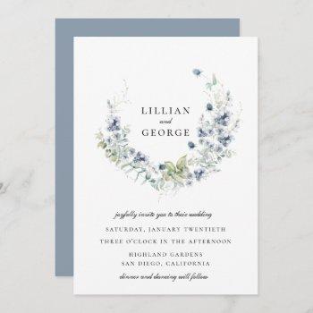 dusty blue winter botanical wreath wedding invitation