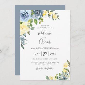 dusty blue & yellow botanical floral wedding invitation