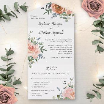 dusty coral eucalyptus botanical wedding all in one invitation