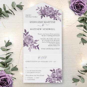 dusty mauve floral roses foliage wedding all in one invitation
