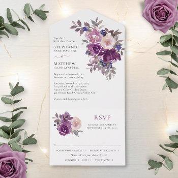 dusty mauve purple blush floral wedding all in one invitation