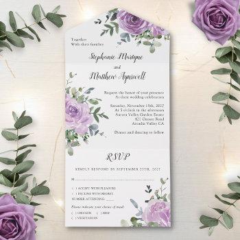 dusty mauve rose eucalyptus botanical wedding all in one invitation