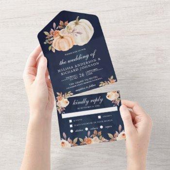 dusty peach floral pumpkin navy blue wedding all in one invitation