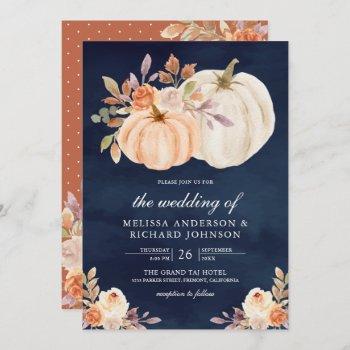 dusty peach floral pumpkin navy blue wedding invitation
