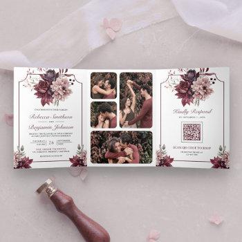 dusty pink burgundy floral frame qr code wedding tri-fold invitation