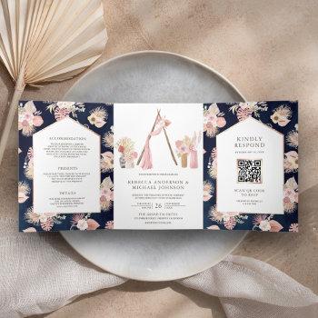 dusty pink floral boho arbor navy qr code wedding tri-fold invitation